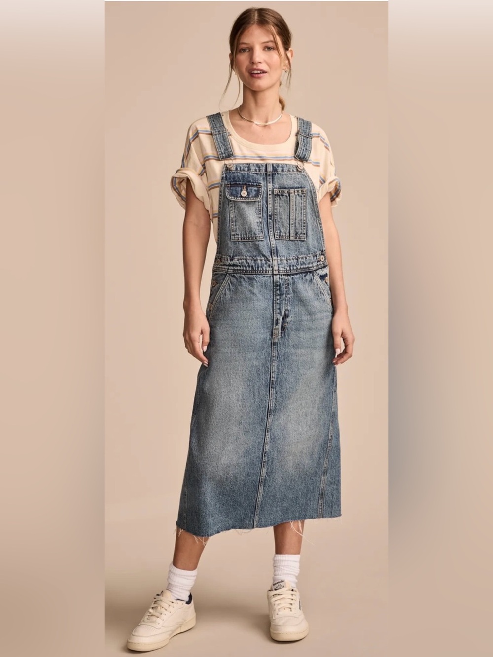 Lucky Brand Electrified Wash Blue Denim Overall Midi Dress NWT Size L